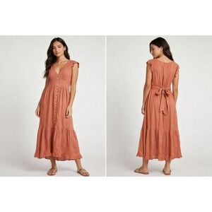 In Loom Dress Womens Medium Coral Ruffle Maxi Button Front Boho Lined Rayon